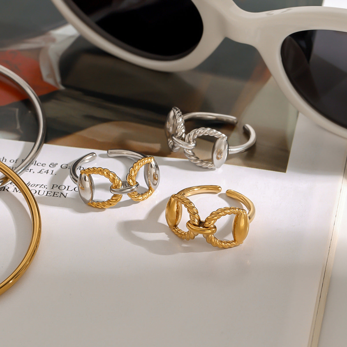 Wholesale  18K gold stainless steel double thread horseshoe opening ring