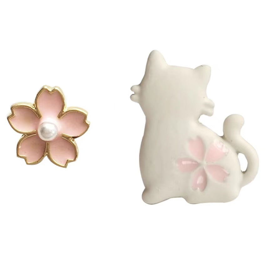 Wholesale Cute Cat Flower Asymmetric Earrings Korean Style Everyday Wear Women' s Jewelry Gift