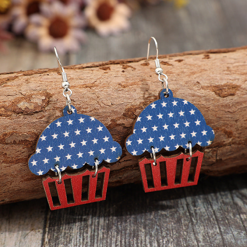 Wholesale American Independence Day Hollow Cake Five-pointed Star Wooden Vintage Earrings