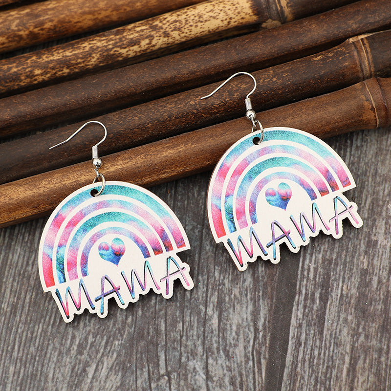 Wholesale Vintage Rainbow Printing Love Mosaic MAMA Wooden Mother's Day Earrings
