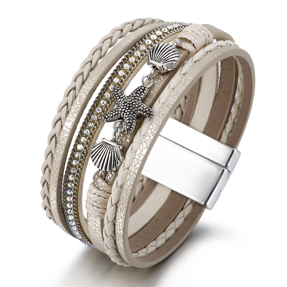 Wholesale Woven Artificial Leather Starfish Shell Bracelet Women S Bohemian Jewelry Accessory