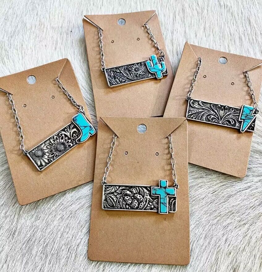 Wholesale Vintage square turquoise cactus lightning cross cowboy boots necklace