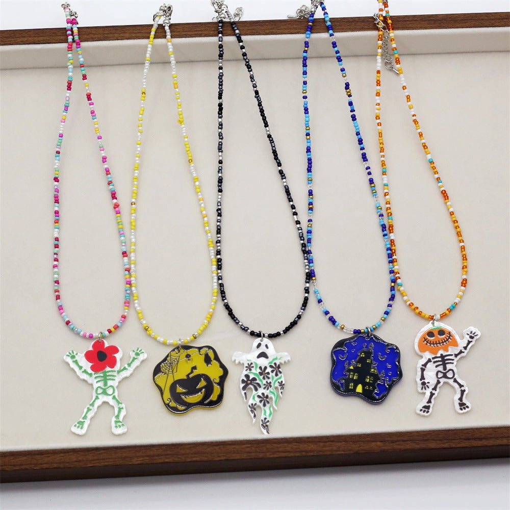 Wholesale  Halloween Funny Ghost Cartoon Cute Pumpkin Pendant  Rice Bead Necklace