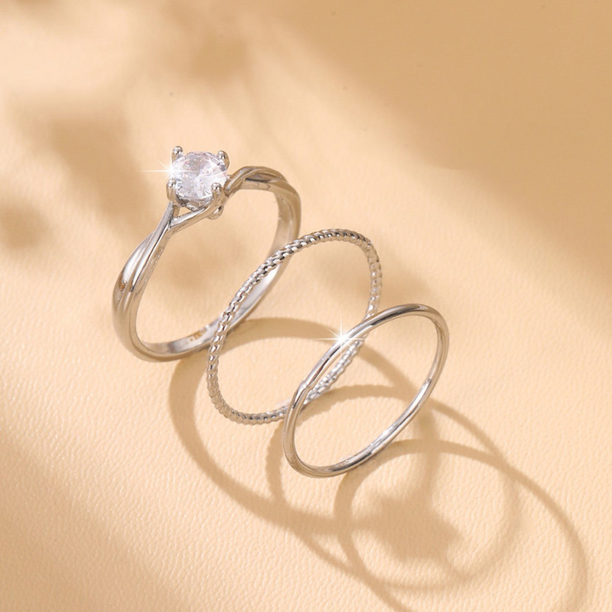 Wholesale  three-piece set copper inlaid shiny zircon ring