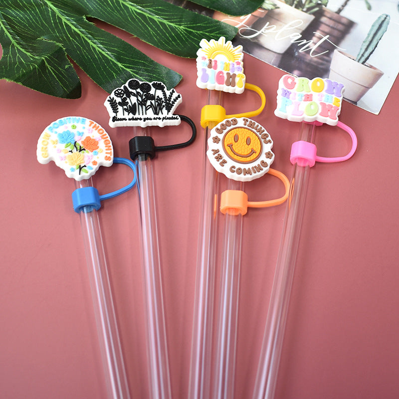 Wholesale Random 100pcs 10mm Straw Tube Cap Rainbow Smiling Face Phrase PVC Soft Rubber Straw Stoppers ACC-SCR-RYY014
