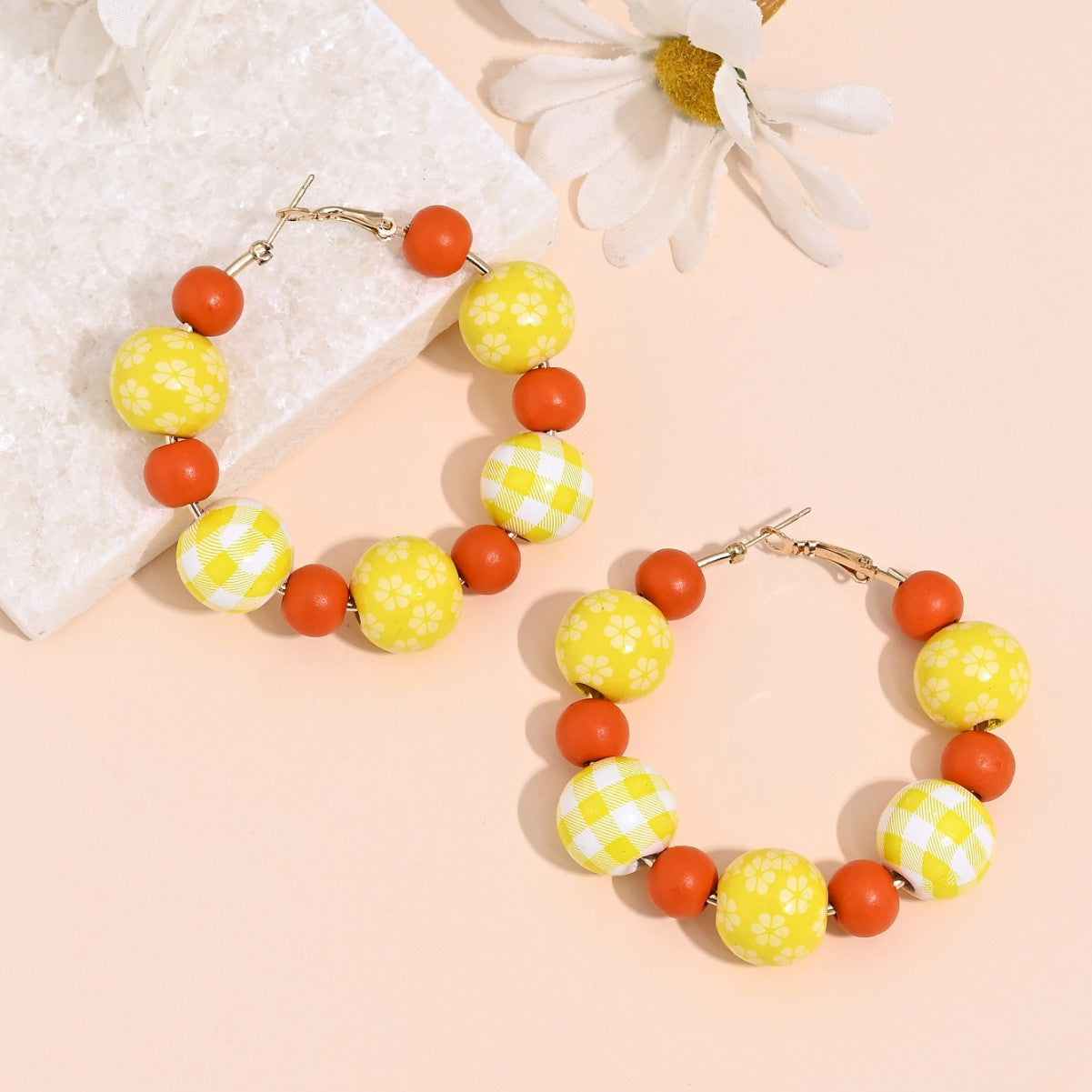 Wholesale Easter Cute Bunny Egg Lattice Wooden Bead Earrings