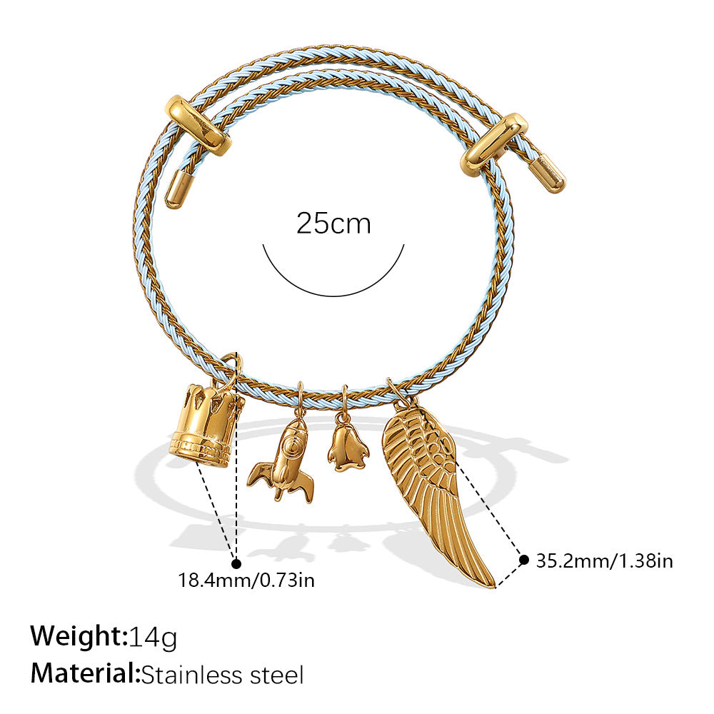 Wholesale Cross-Border European and American Popular Adjustable Rope Multi-Pendant Bracelet DIY Stainless Steel Plated 18K Gold Bracelet Accessible Luxury Model