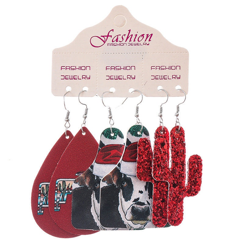 Wholesale 2 Sets Christmas Earrings Set Western Style PU Leather Bull Head Cactus Sunflower Horseshoe Teardrop Earrings ACC-ES-HY131