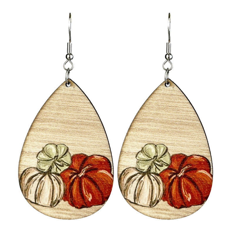 Wholesale 2 Pairs/pack Floral Ghost Bohemian Retro Thanksgiving Day Pumpkin Cute Wood Earrings ACC-ES-HY156