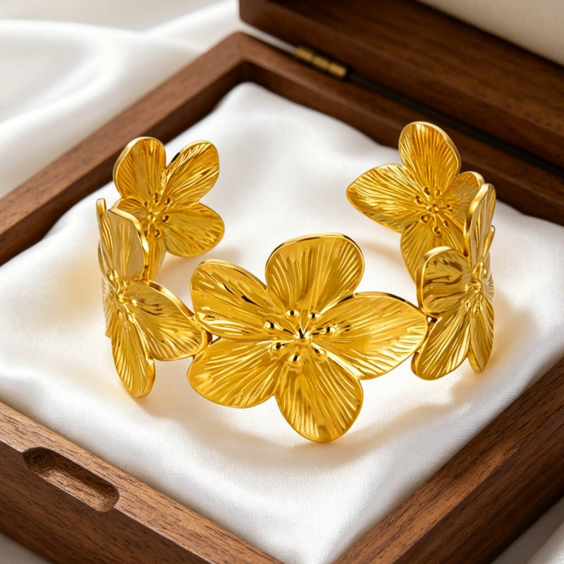 Wholesale Stainless Steel Electroplated Flower Open Cuff Bracelet - Trendy Boutique Resale Jewelry