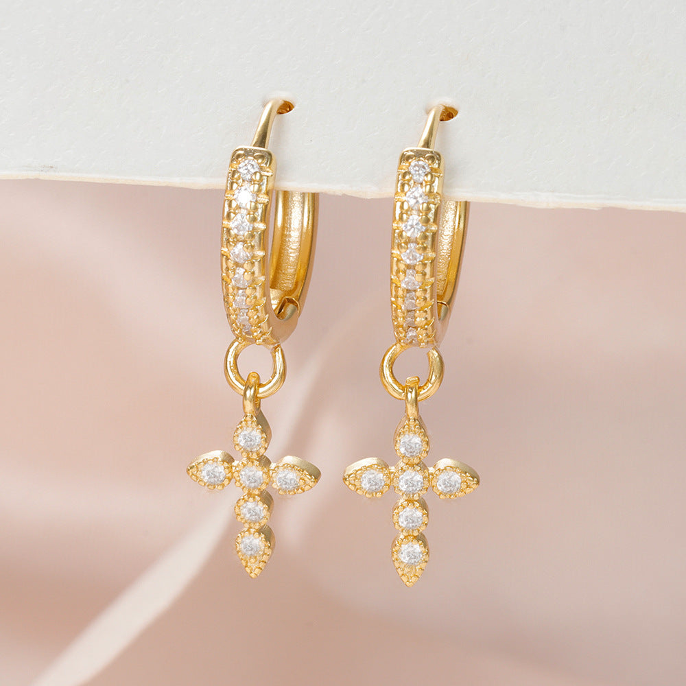 Wholesale Gold Plated Water Drop Cross Zircon Earrings Trendy Party Jewelry
