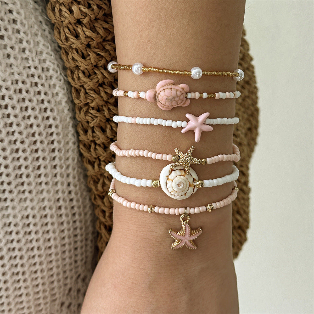 Wholesale Bohemian Beach Bracelet Set For Women Summer Vacation Starfish Shell Turtle Glass Seed Beads Handmade Fashion Accessory