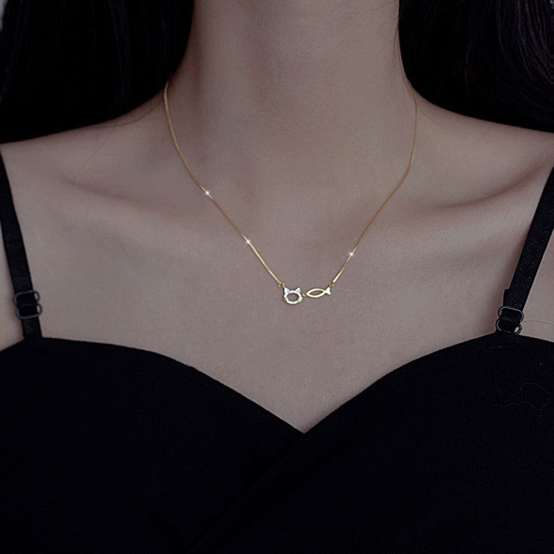 Wholesale Cat and Fish 925 Sterling Silver Necklace