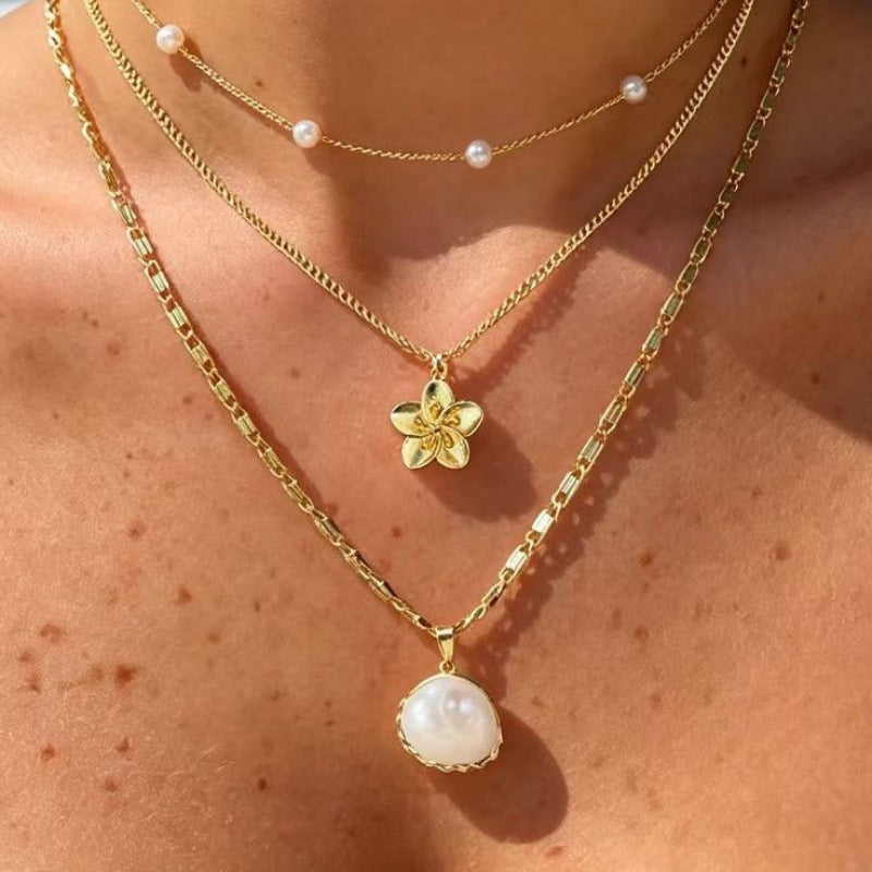 Wholesale Zinc Alloy Electroplated Double Layer Pearl Shell Necklace Summer Beach Vacation Style Fashion Accessory