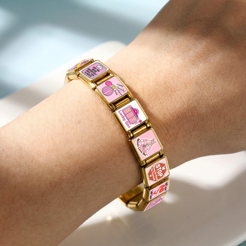 Wholesale Stainless Steel Square Pink Pattern DIY Patchwork Bracelet Fashion Jewelry Gift