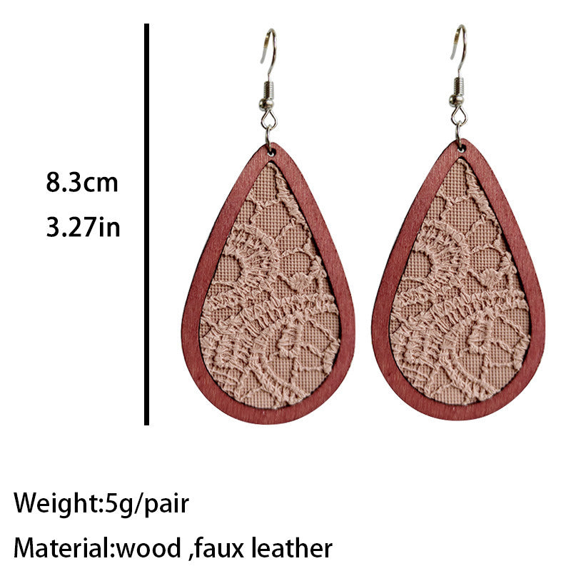 Wholesale 2 pairs/ pack Leather embossed teardrop wooden frame Bohemian earrings