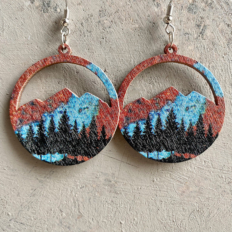Wholesale Chic Geometric Wooden Earrings With Western Cactus Print Boutique Resale Jewelry Accessory