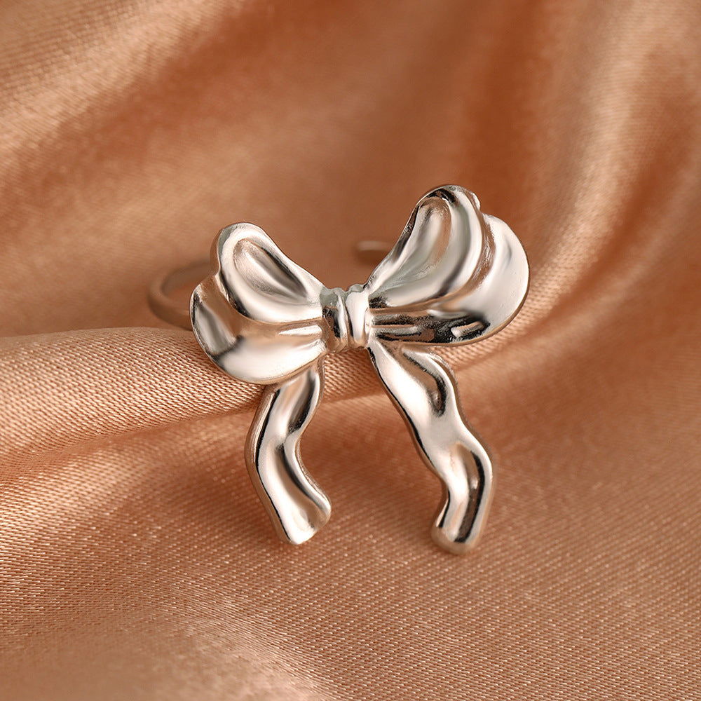 Wholesale Trendy 18K Gold Plated Stainless Steel Bow Ring For Women Simple Hand Polished Fashion Jewelry Accessory Gift Boutique Resale