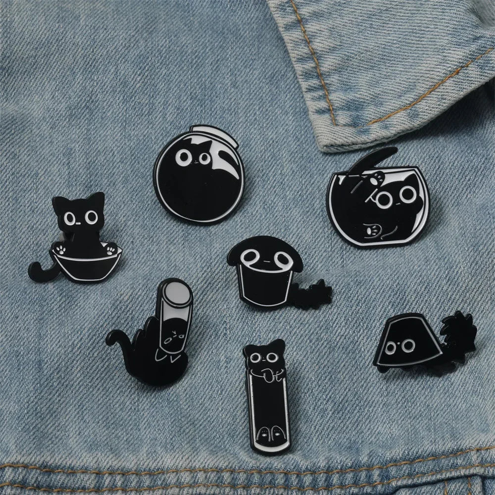 Wholesale  Cute  Cat Chest Pin Cartoon Fuzzy Little Black Cat Alloy 7 Piece Set Brooch