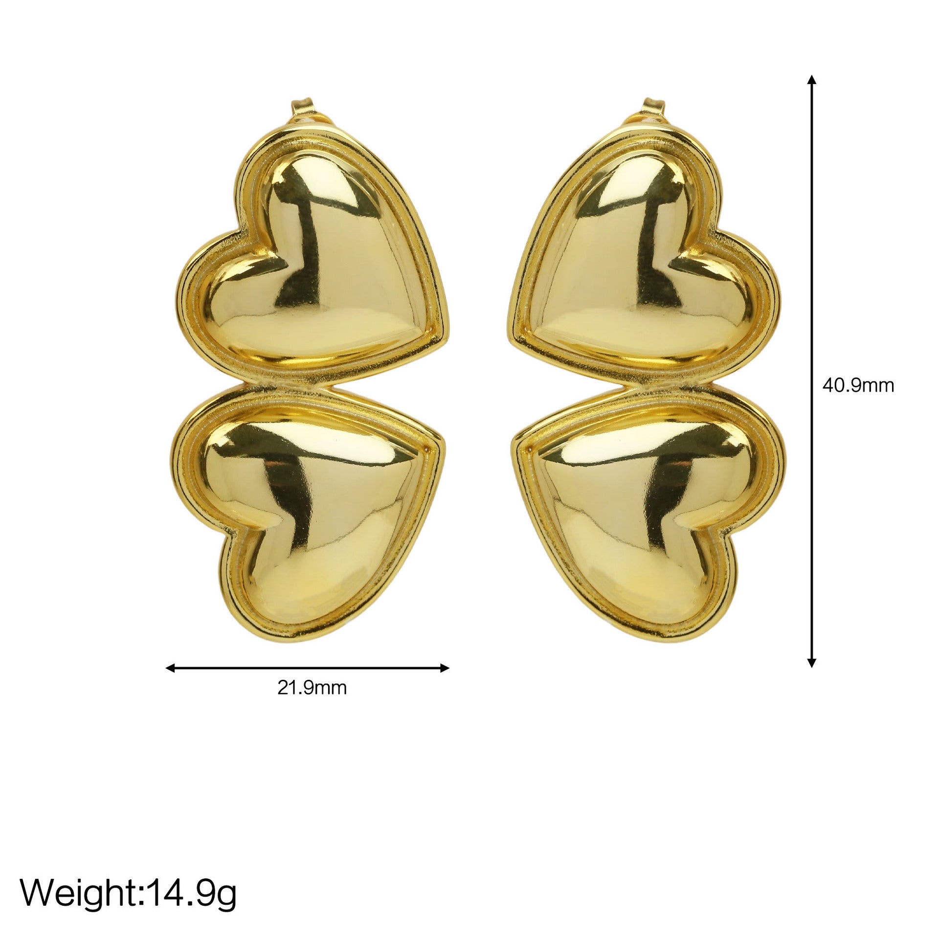 Wholesale 18k Brass Double Love Heart Heart Big Earrings
