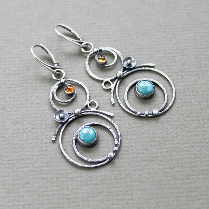 Wholesale Vintage Round Hollow Blue Natural Stone Earrings Silver Metal Geometric Design Fashion Jewelry Accessory