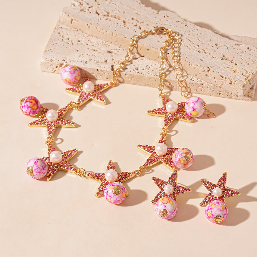 Wholesale Ceramic imitation pearl diamond five-pointed star necklace