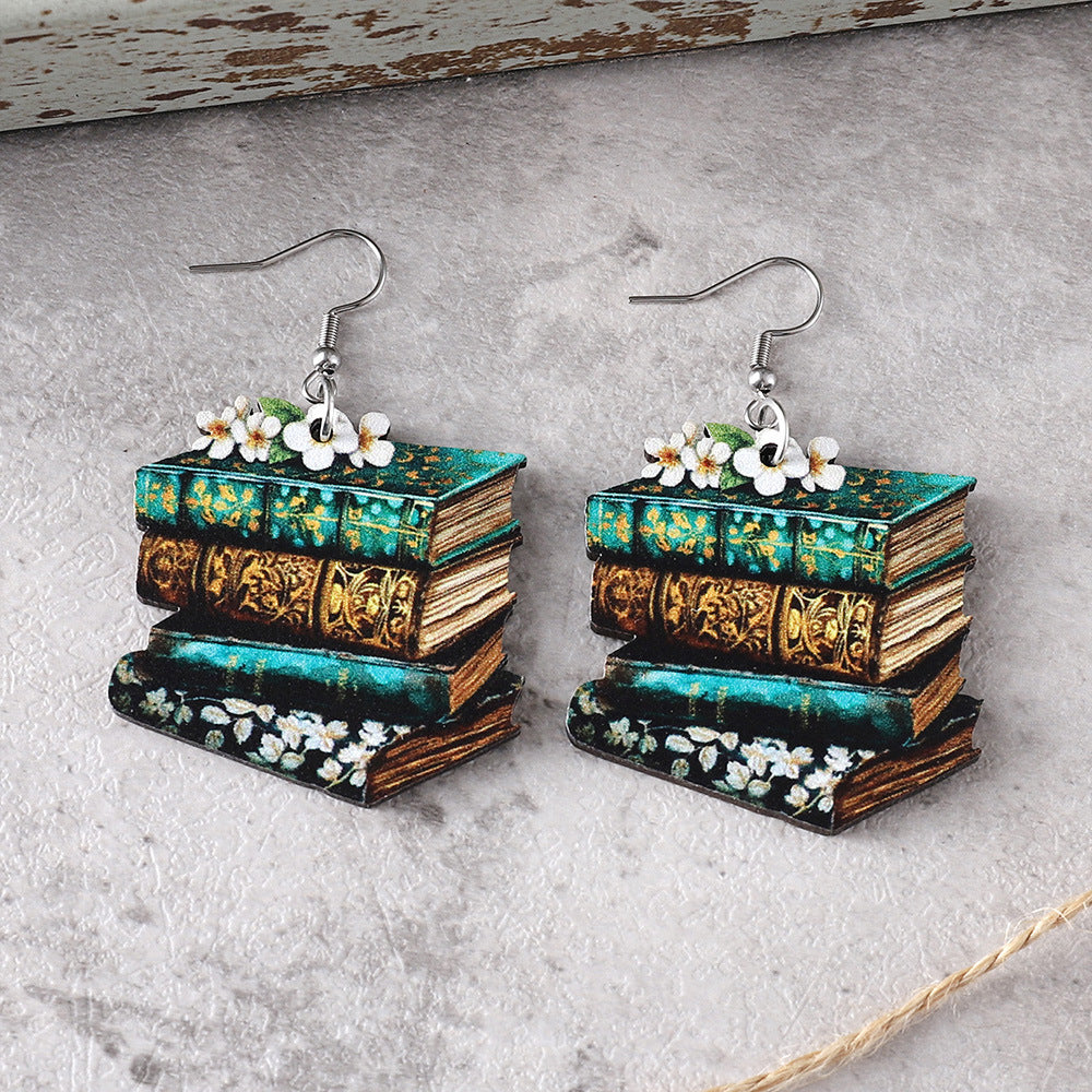 Wholesale Library Book Wood Double Sided Pendant Earrings ACC-ES-ChuLian051