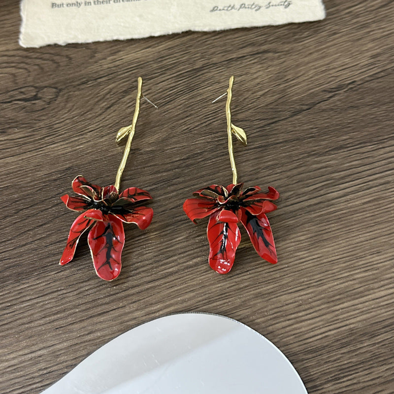 Wholesale  Light Luxury Vintage Metal Oil Drop Flower Trunk Leaf Stem Earrings