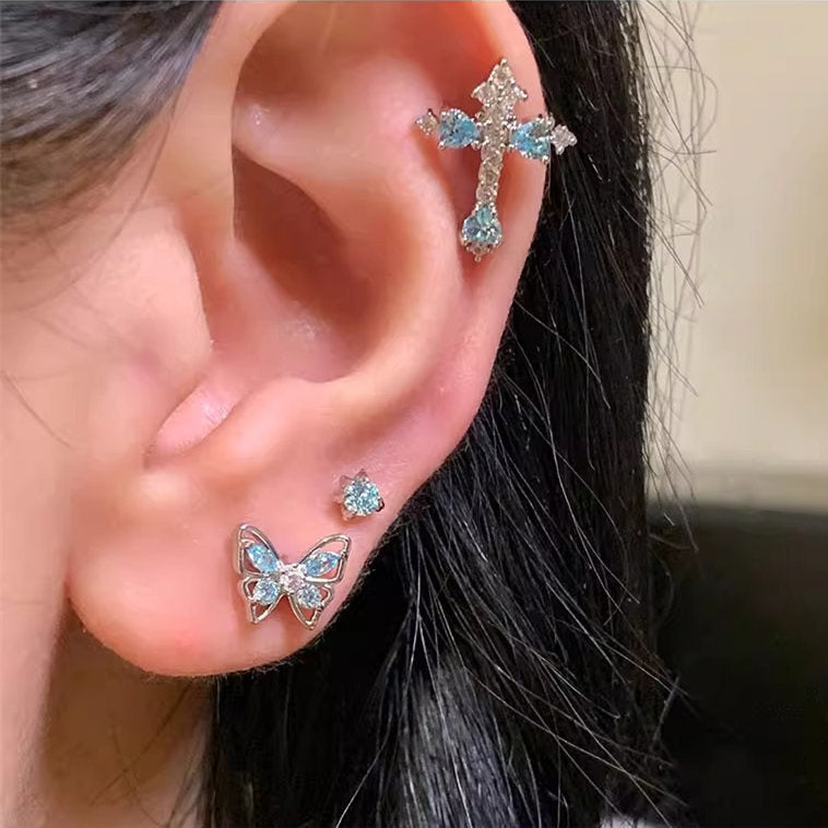 Wholesale Blue Butterfly Cross Zircon Titanium Steel Earrings