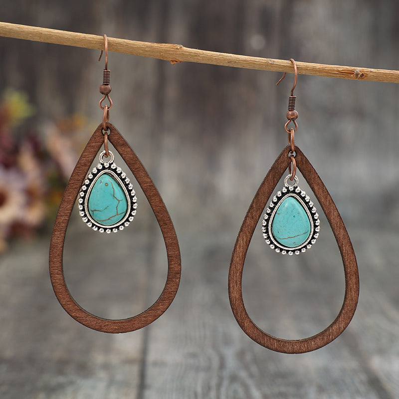 Wholesale  Western Style New Drop-Shaped Hollow ing Turquoise Retro Style Wooden Earrings
