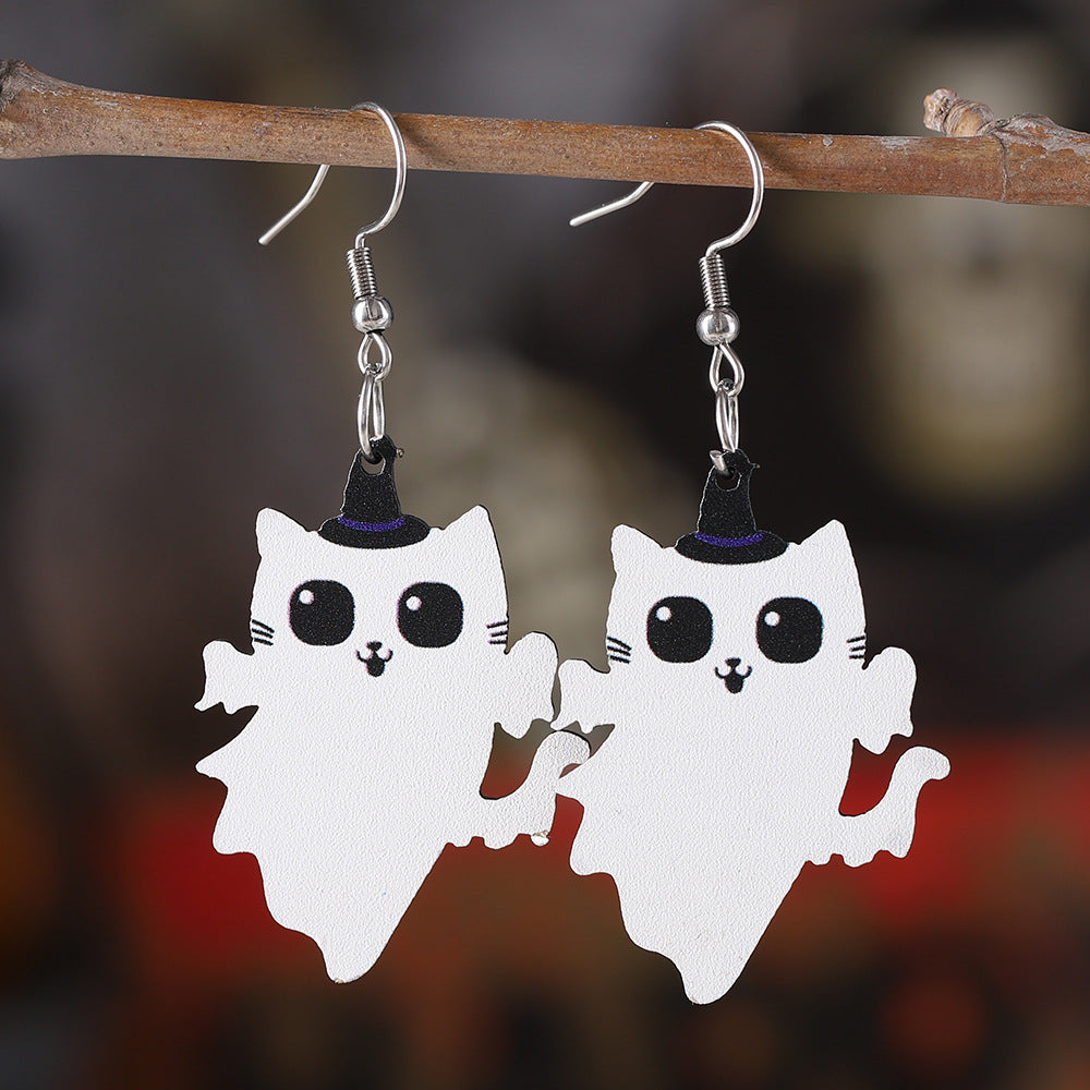 Wholesale Halloween Angel Kitten Black Cat Pendant Wood Earrings ACC-ES-ChuLian027