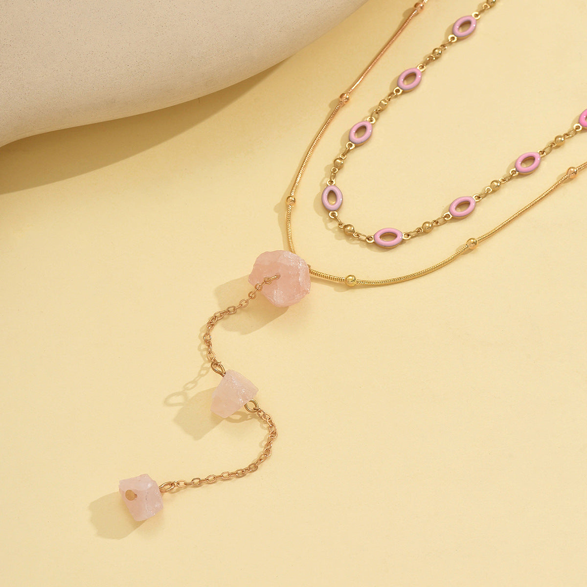 Wholesale light pink crushed stone pendant Y-shaped heart  necklace