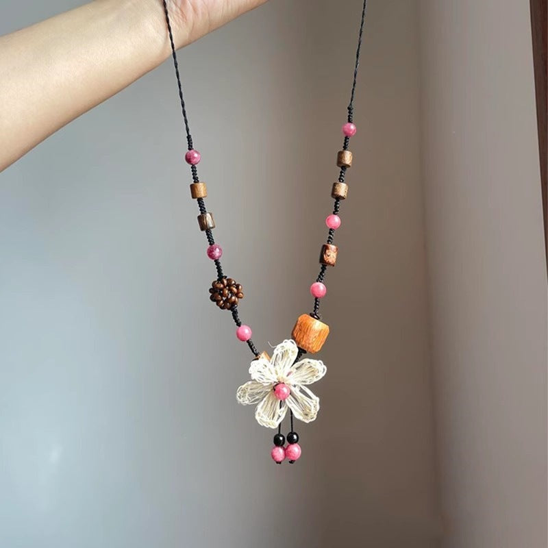 Wholesale Bohemian Beaded Raffia Flower Necklace