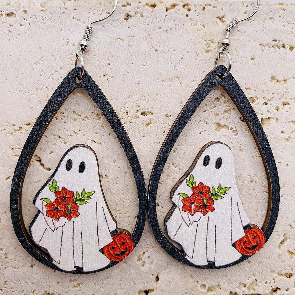 Wholesale Ghost Pumpkin Printed Pendant Earrings Halloween Wooden Earrings