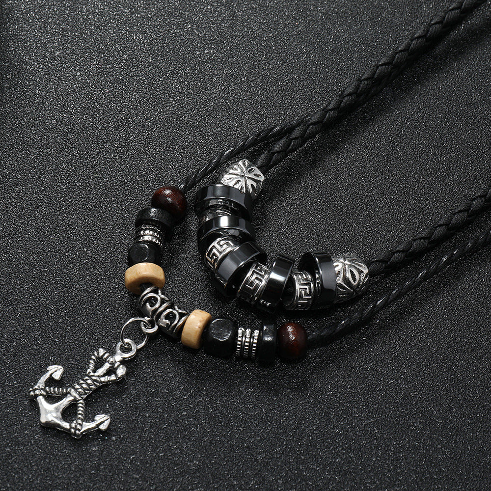 Wholesale Stylish Multilayer Beaded Leather Necklace With Anchor Pendant Retro Ethnic Men S Fashion Accessory