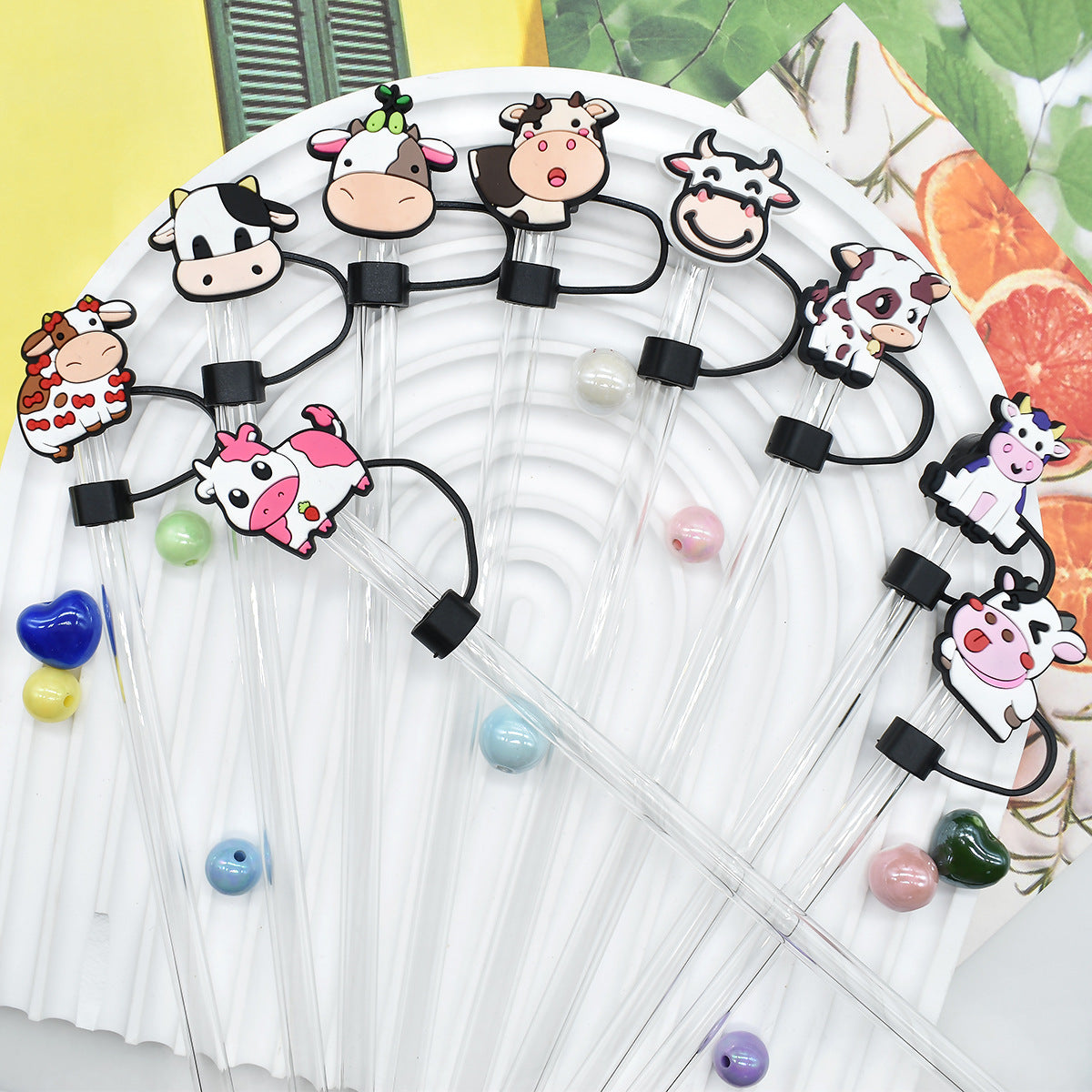 Wholesale Random 100pcs Cow 10mm PVC Soft Straw Tube Cap ACC-SCR-RYY071