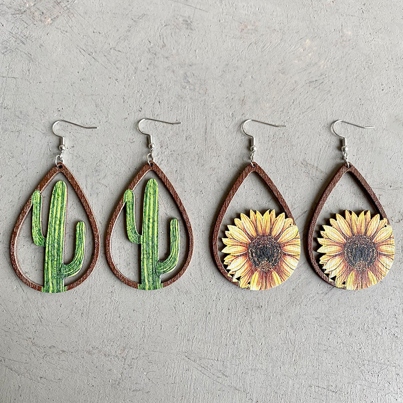 Wholesale 2pcs Wooden Sunflower Earrings