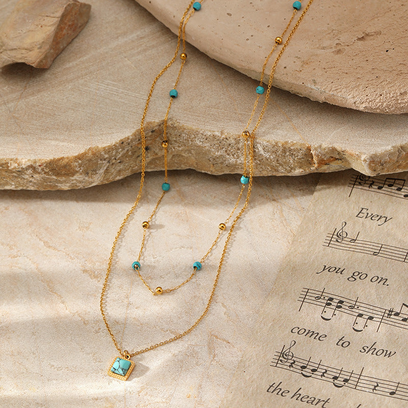 Wholesale Stainless Steel  Double-layer Turquoise Pendant Necklace