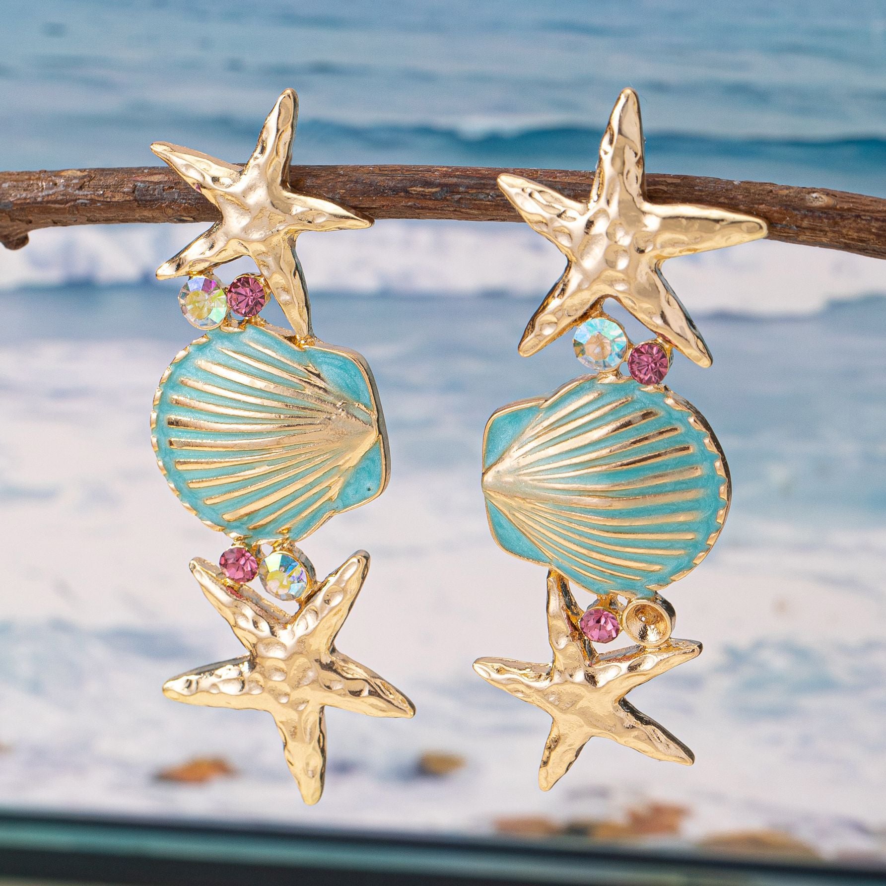 Wholesale Trendy Blue Starfish Shell Earrings Summer Beach Vacation Jewelry Accessory For Women