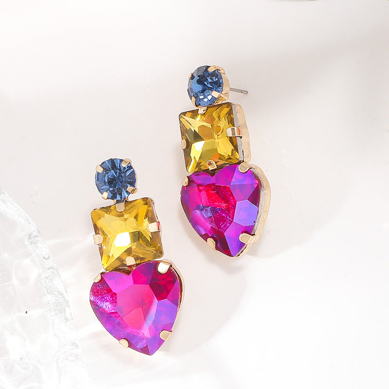 Wholesale Colored Diamond Geometric Heart Alloy Earrings