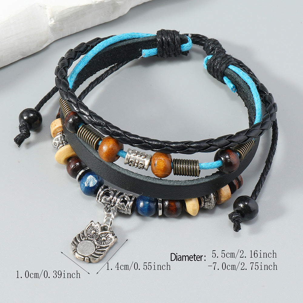 Wholesale Vintage Owl Pendant Beaded Leather Bracelet - Unisex Adjustable Leather Jewelry Accessory