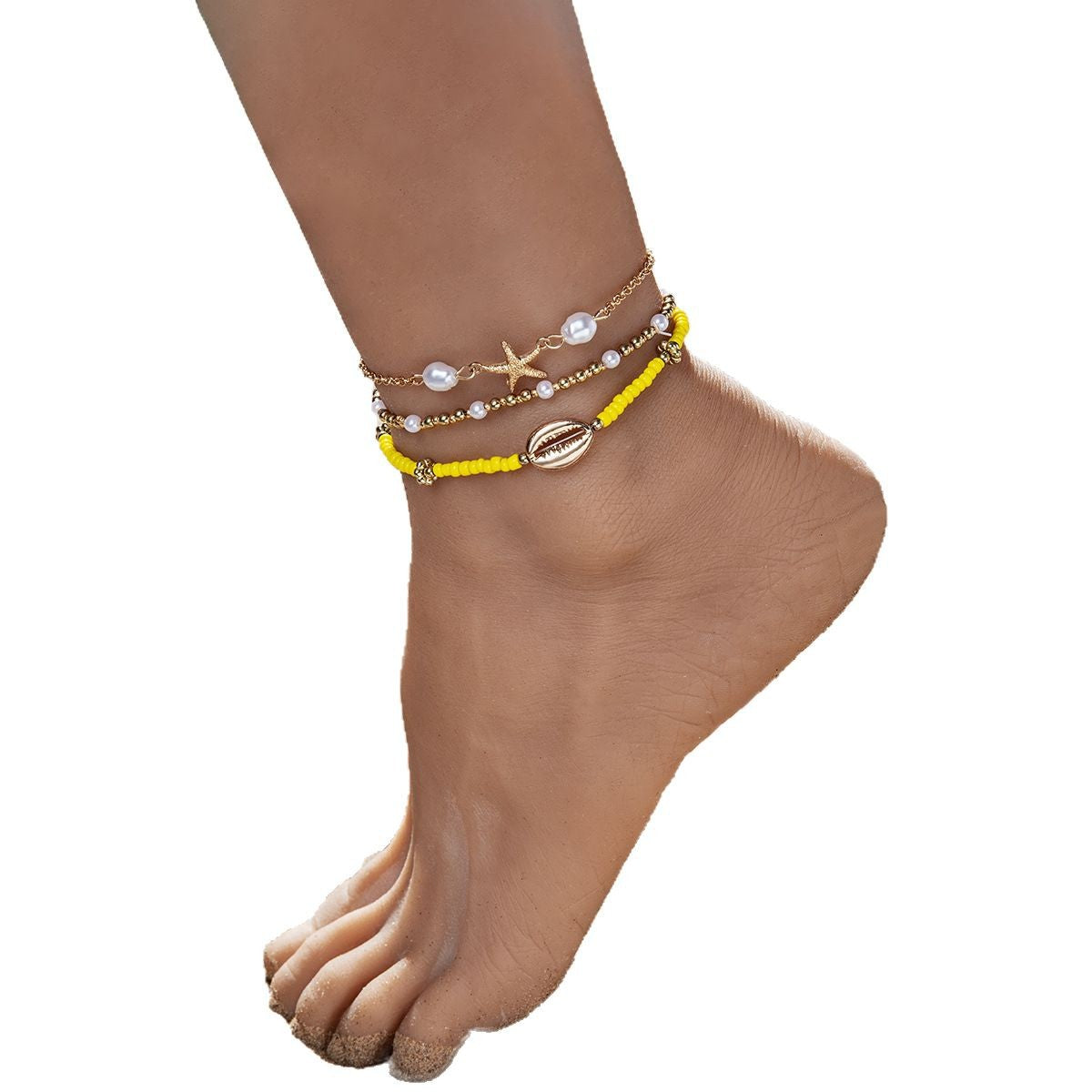 Wholesale Retro Bohemian Beach Style Starfish Glass Rice Bead  Anklets