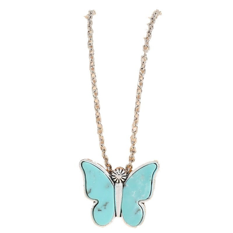 Wholesale Simple Blue Butterfly Turquoise Necklace Zinc Alloy Electroplated Boutique Resale Jewelry Accessory