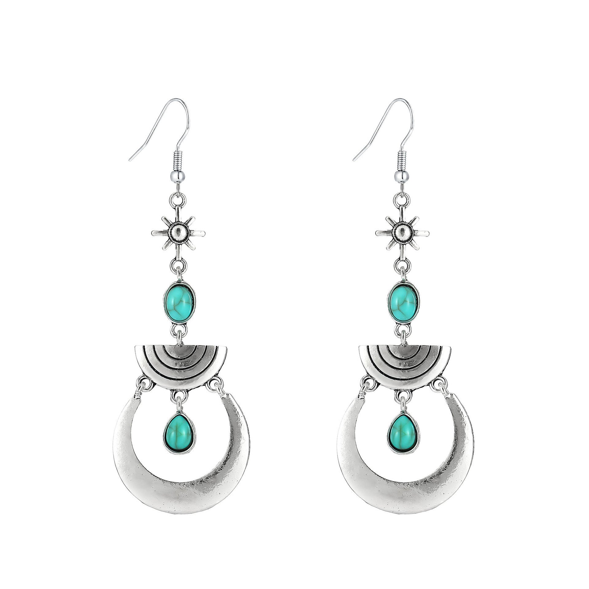 Wholesale  Long Earrings Retro Bohemian Style Crescent Turquoise Tassel Earrings