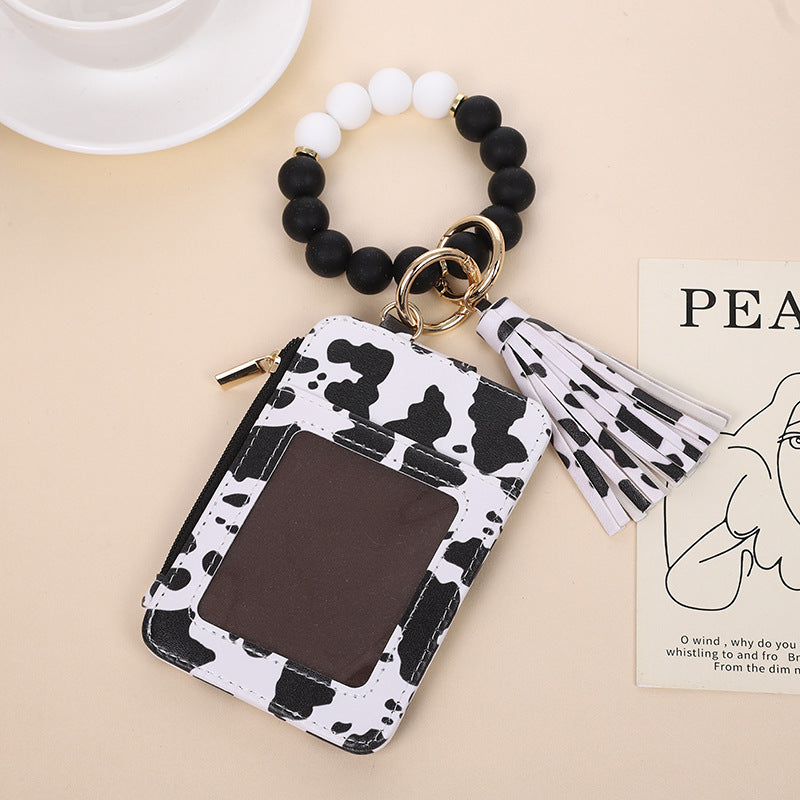 Wholesale Western Style Cow Pattern Sunflower Leopard Print Card Holder Silicone Beaded Wristlet Keychain ACC-KC-QiuXue006
