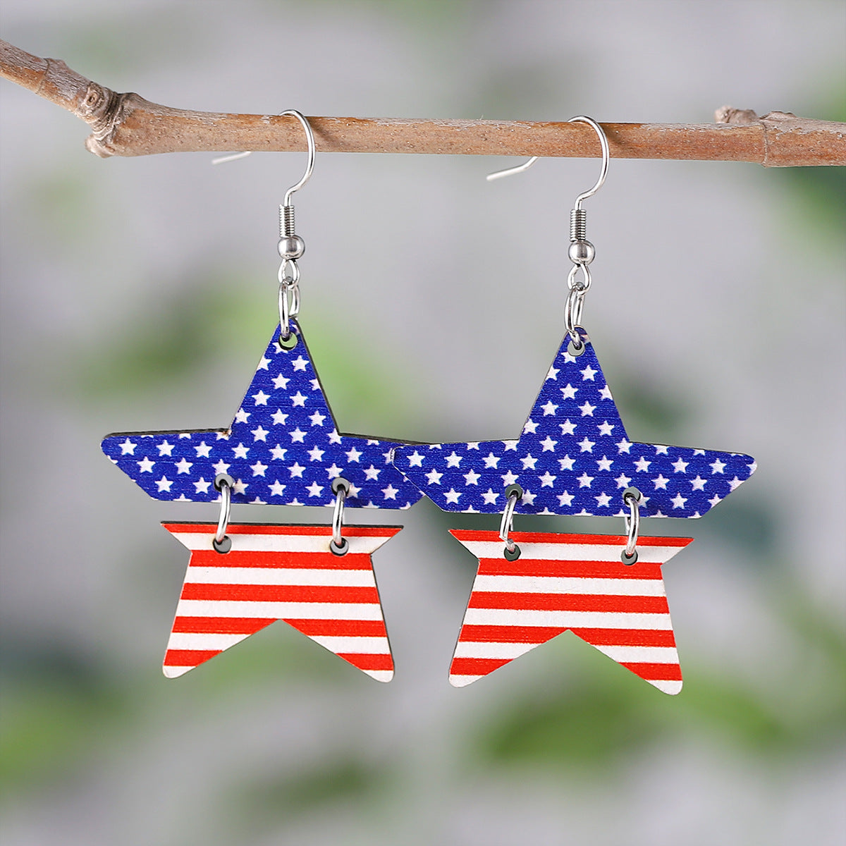 Wholesale of American Independence Day Five Pointed Star Rainbow Bull Head Heart Wooden Double Sided Earrings ACC-ES-ChuLian015