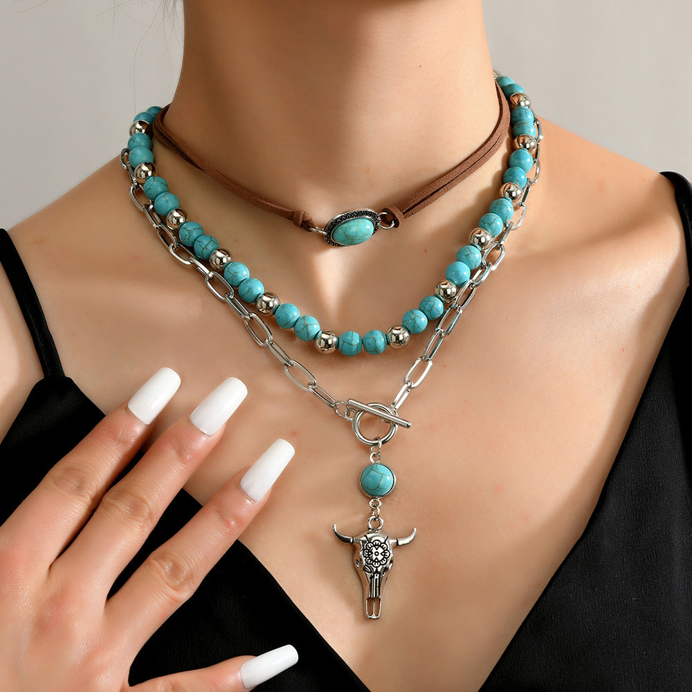 Wholesale Blue Turquoise Geometric 3-Piece Necklace Set Chain Pendant Boutique Resale