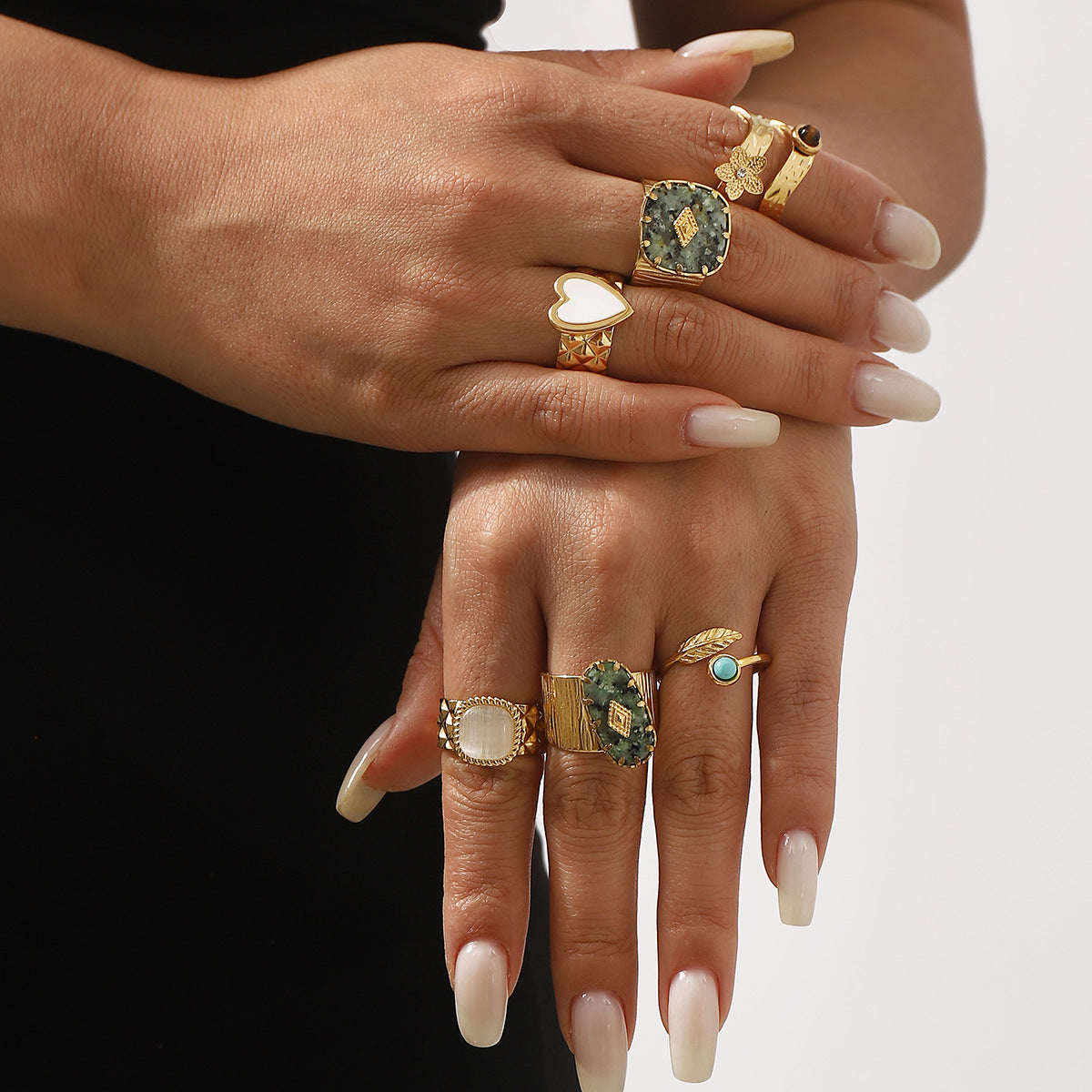 Anello di apertura a conchiglia in pietra naturale turchese stile etnico vintage in acciaio inossidabile all'ingrosso