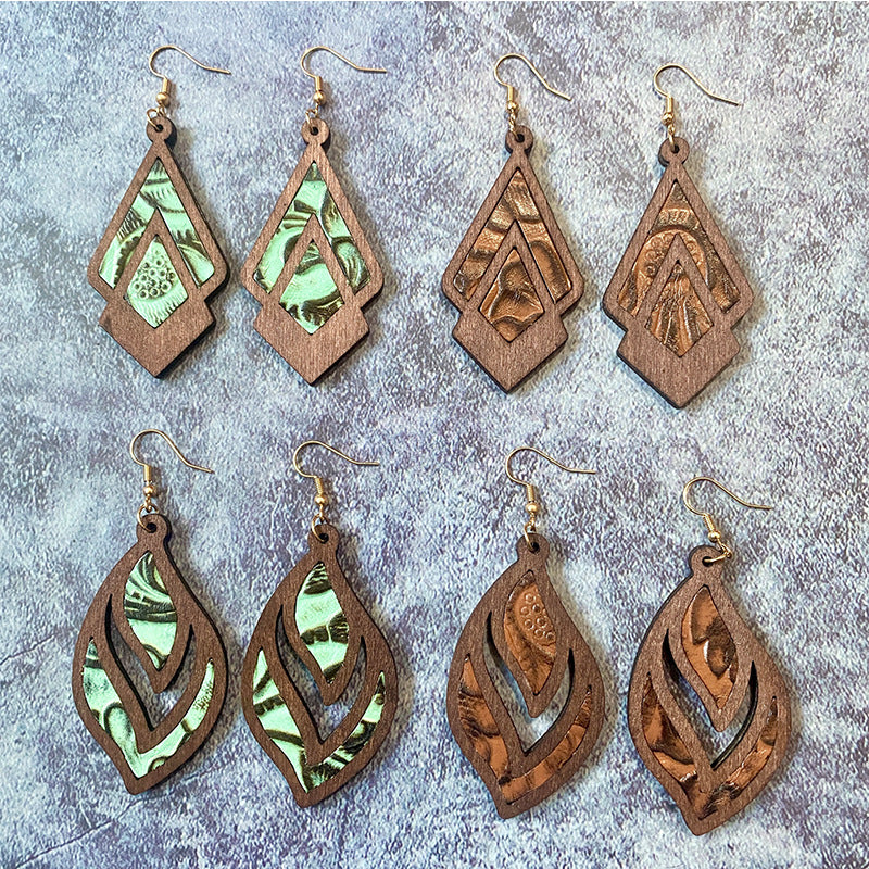 Wholesale retro Western cowhide embossed inlaid wooden earrings