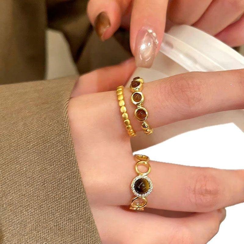 Wholesale Maillard Style Light Luxury Retro Gold Ring with Tiger' s Eye and Zircon